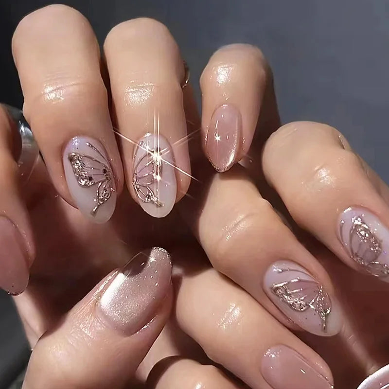 24Pcs Solid Color Grey Almond Fake Nail Cat's Eye Design Wearable Round Head False Nails with Shiny Powder Press on Nails