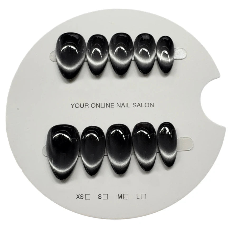 10pcs/bag Short Almonds Handmade Press On Nails Black Silver Moonlight Cat Magnetic Detachable False Nails