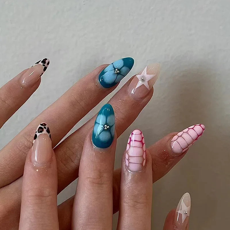 24Pcs Cyber Punk Style Almond False Nails Press on Pink Blush Full Cover Fake Nails 3D Ombre Wearable Acrylic Nail Manicure Tips