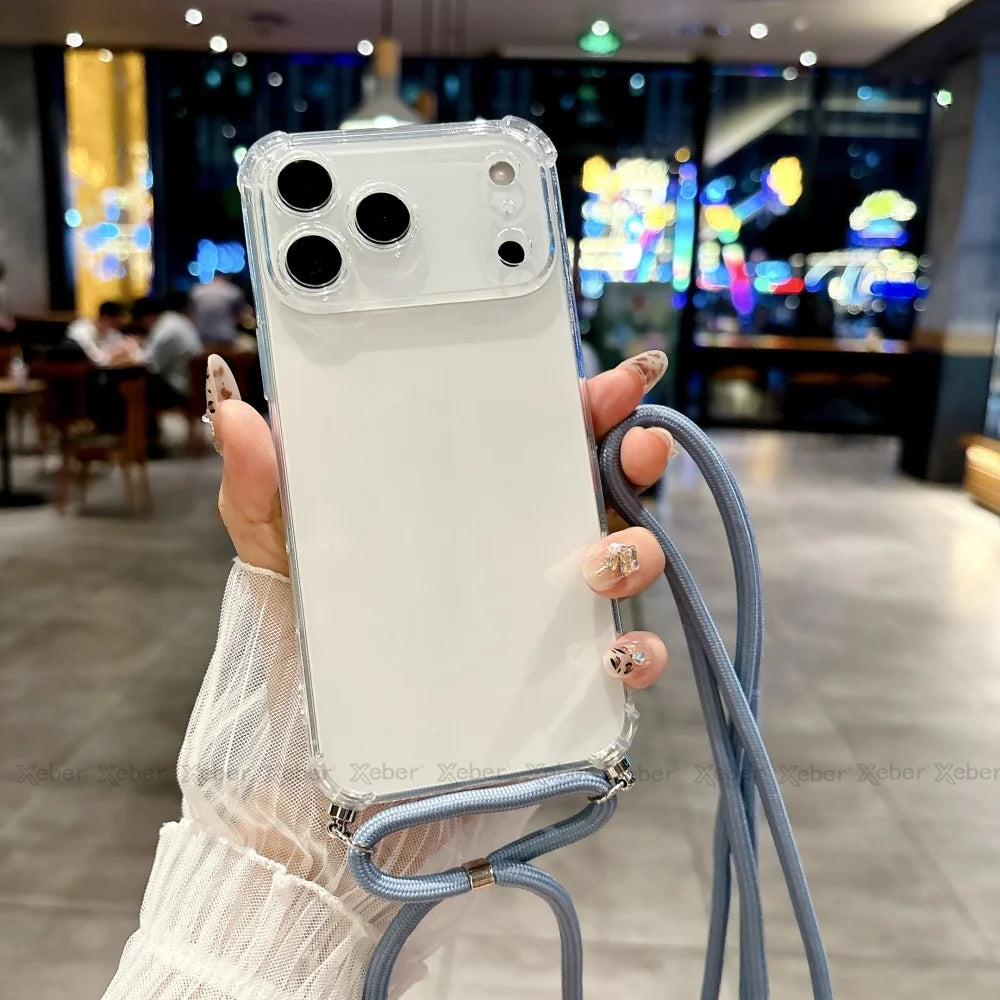 Shockproof Clear Soft Bumper Case For iPhone 17 16 15 14 Pro Max Plus Crossbody Lanyard Necklace Strap Cord Nylon Rope Cover