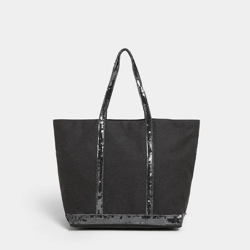 Retro Large-capacity Canvas Tote Bag Brand Contrast Color Sequins Highquality Handbag Unisex Large Travel Shoulder Messenger Bag