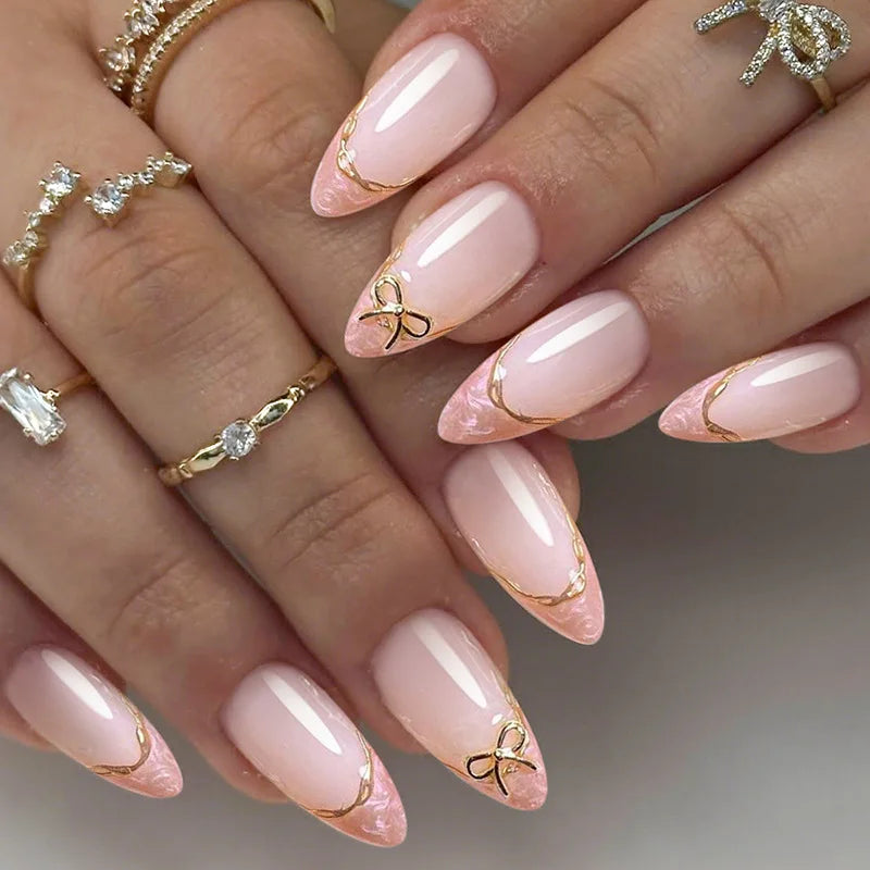 24pcs Cat's Eye Press on Nails Sets Simple Red Long Almond Fake Nails Tips Bow Design False Nail Rhinestone Round Head Manicure