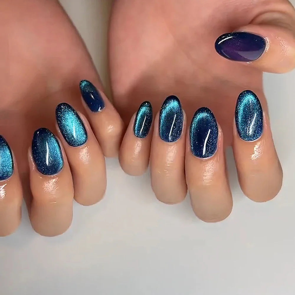 24pcs/set cat eyes fake nails for women girls red brown green blue grey sparkling short tips faux ongles press on false nail