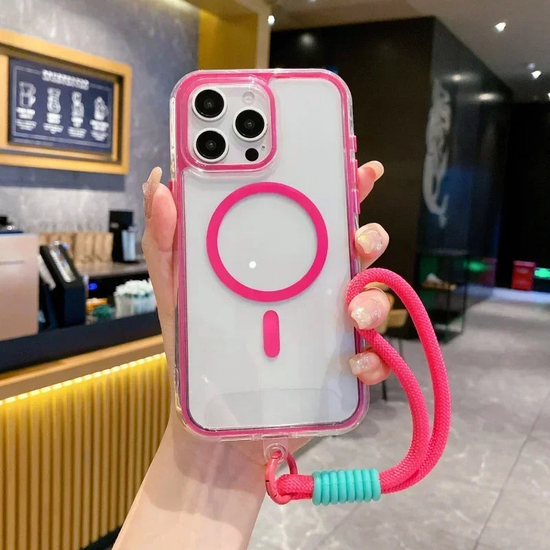 Airbag Shell Magnetic Short Hanging Rope Transparent Magsafe Case for IPhone 16 15 14 13 12 11 Pro Max Plus Shockproof HardCover