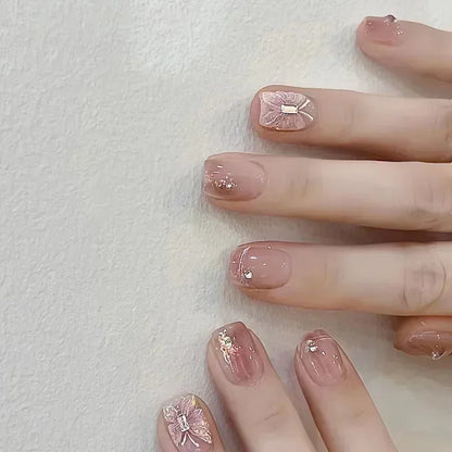 24Pcs Short Ballerina False Nail Tips with Pearl Detachable French Fake Nails Pink Cute Full Cover Press on Nails Manicure Tools