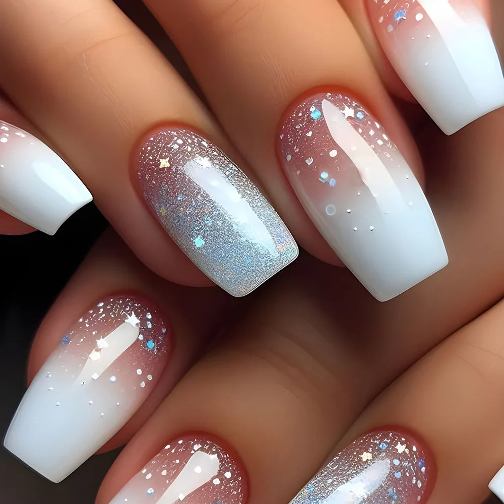 24pcs/set short medium fake nails shinny sparkling glitter square ballet nail tips starry star cat eyes press on false nail art