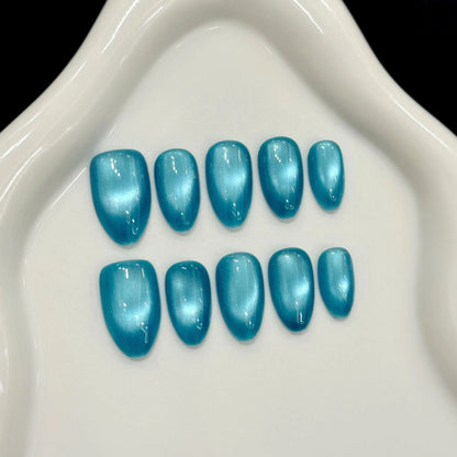 10pcs Handmade Press On Nails Solid Color Glossy Glass Beads Cat's Eye False Nails Full Cover Short Almond Fake Nail For Women