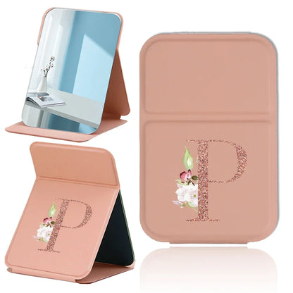 Fold Desktop Makeup Mirror Handheld PU Travel Makeup Mirror Portable Leather Anti Slip Pocket Mirror Rose Gold Letter Pattern