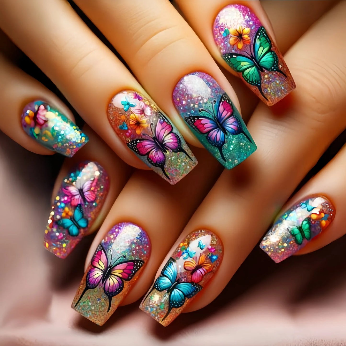 24Pcs Cute Square Stick on Fake Nail with Cartoon Panda Flower Pattern French Nail Art Acrylic Detachable Fashion False Nail Tip