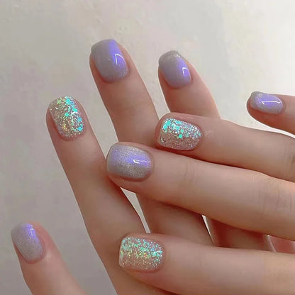24Pcs Shiny Pearl Wearable False Nails Short Square Fake Nail Simple Summer Press on Nails Detachable Full Cover Nail Tips