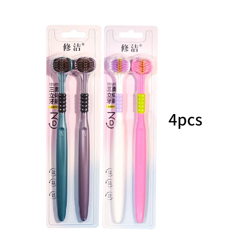 2/4/6pcs Adult Toothbrushes 3 Sided Soft Bristles Tongue Scraper Deep Cleaning Health Oral Care Family Couple Travel Tooth Brush