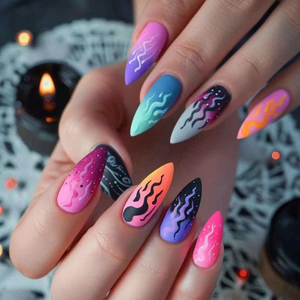 Upgrade your nail styling 24pcs mid-length almond shape autumn and winter black matte texture simple crimson lines fake nails ma
