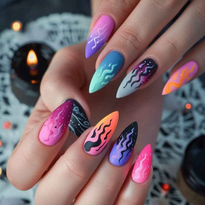 Upgrade your nail styling 24pcs mid-length almond shape autumn and winter black matte texture simple crimson lines fake nails ma