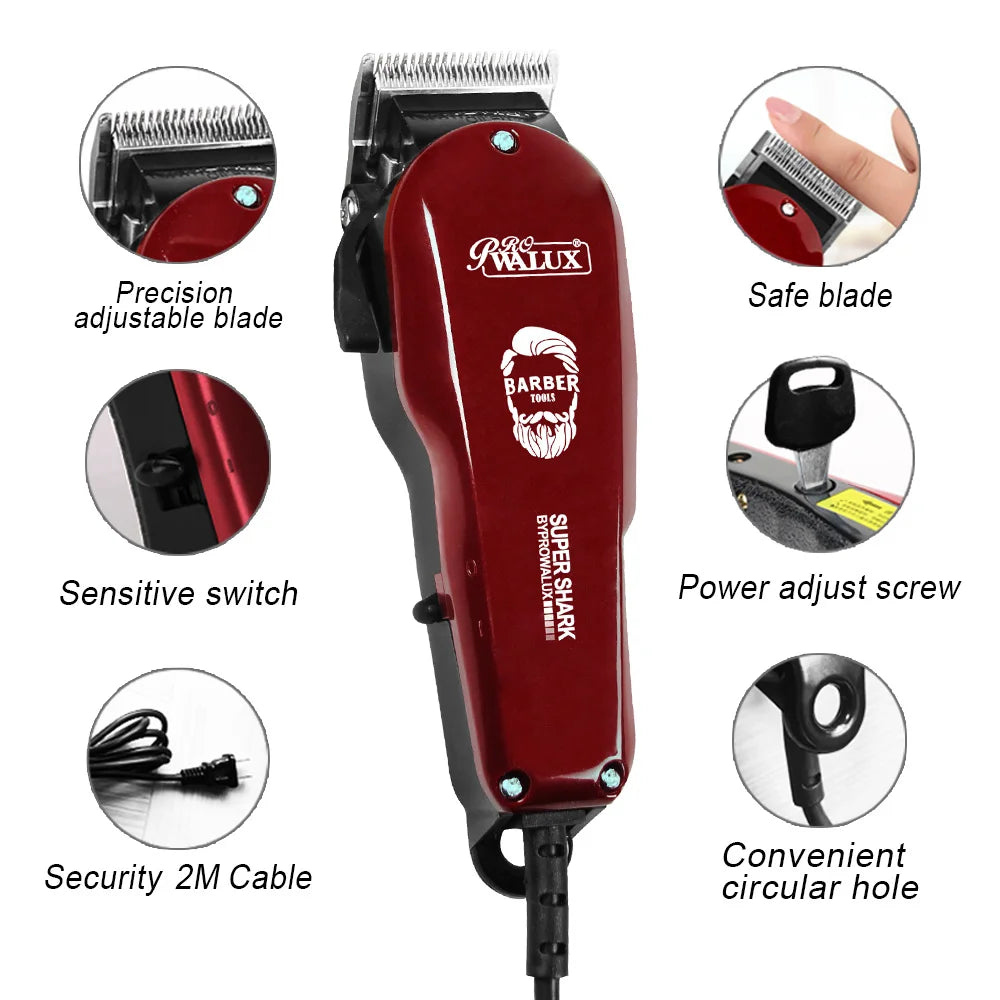 WALUX Professional AC220-240V Hair Clipper 10W Powerful Hair Trimmer Home Man Shaver 2M Cable Hair Cutting Machine 8 Guard Combs
