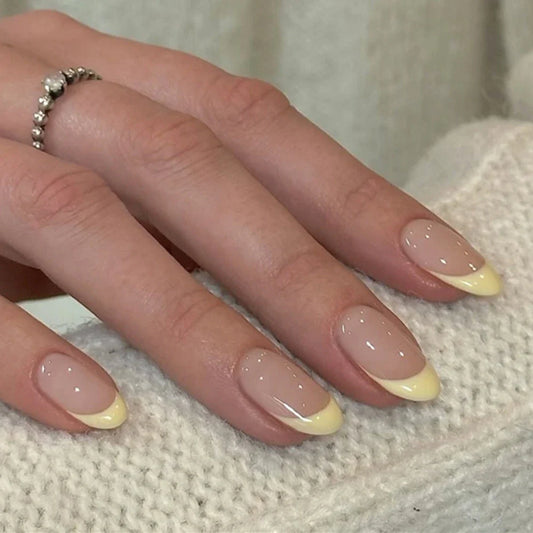 Yellow French Fashion Wearable Nail Art Summer Simple Short Almond Fake Nails Detachable Finished False Nails Press on Nails