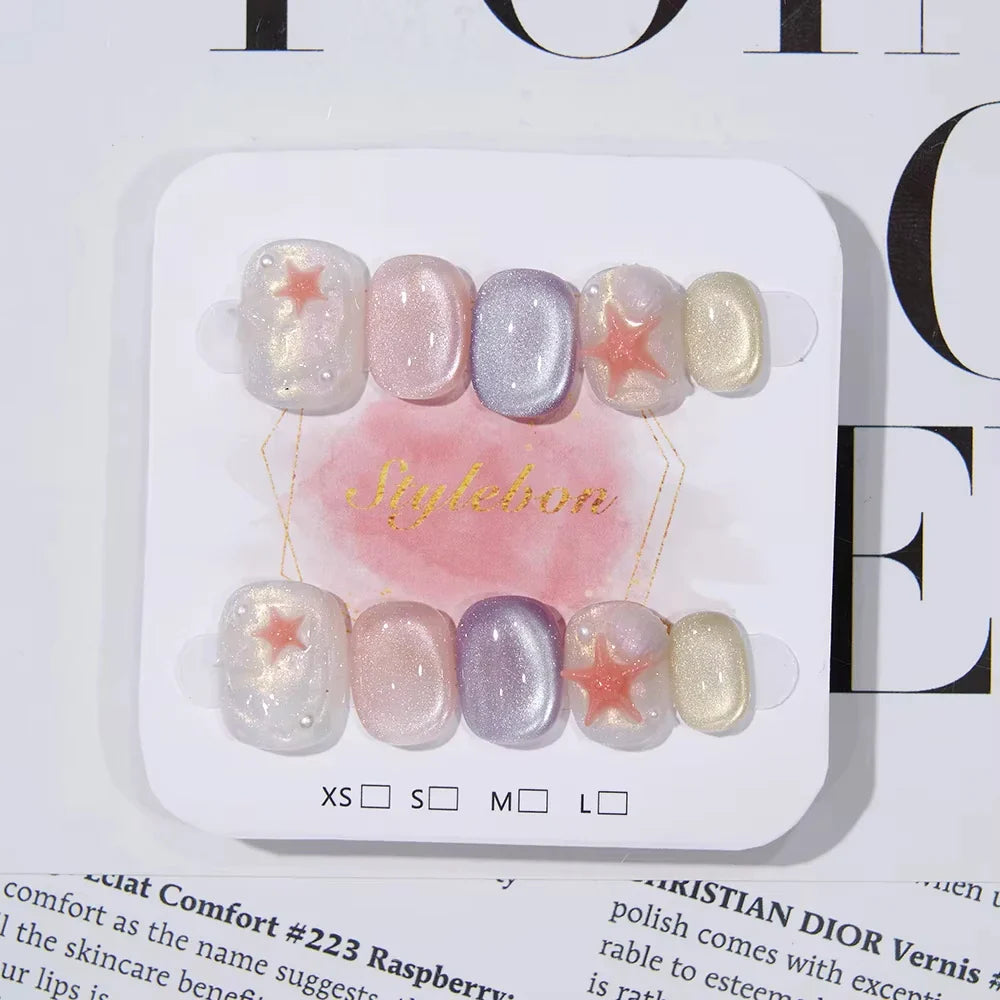 10pcs Short Oval Shaped Press-On Nails - Color Block Stripes & Star Designs Glossy Mix-and-Match False Nails for Women and Girls