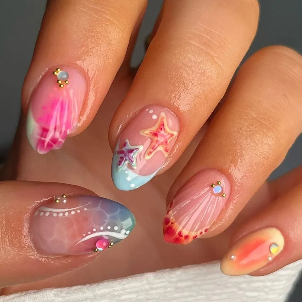 24pcs Cute False Nail Ocean Creature Pattern Stick on Nails Yellow French Short Almond Fake Nail Flower Design Press on Nails