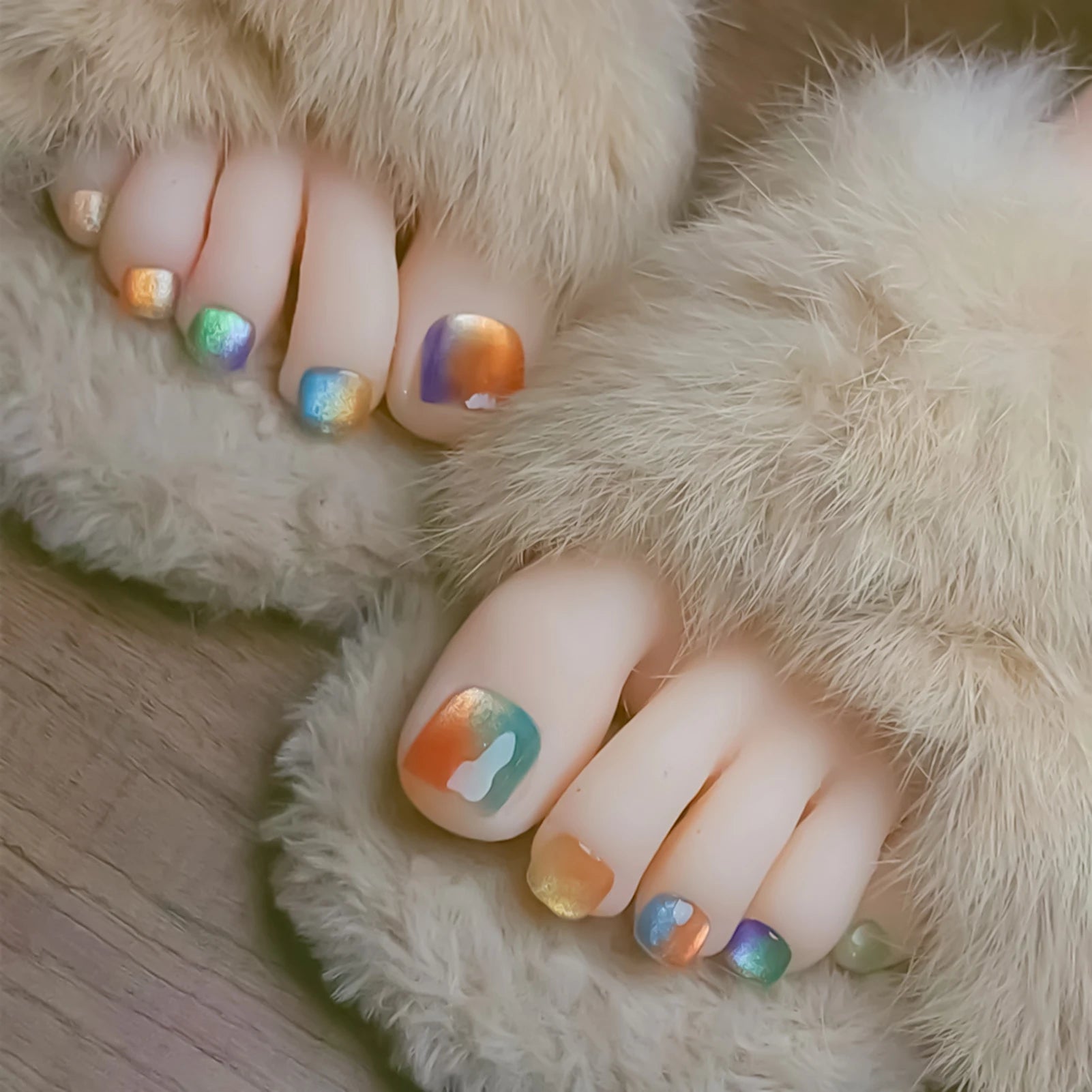 24Pcs Fake Toenails Colorful Cat Eyes Short Square Press On Toes Nails Simple Charm False Nails for Foot Summer DIY Manicure