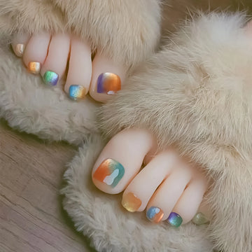 24Pcs Fake Toenails Colorful Cat Eyes Short Square Press On Toes Nails Simple Charm False Nails for Foot Summer DIY Manicure