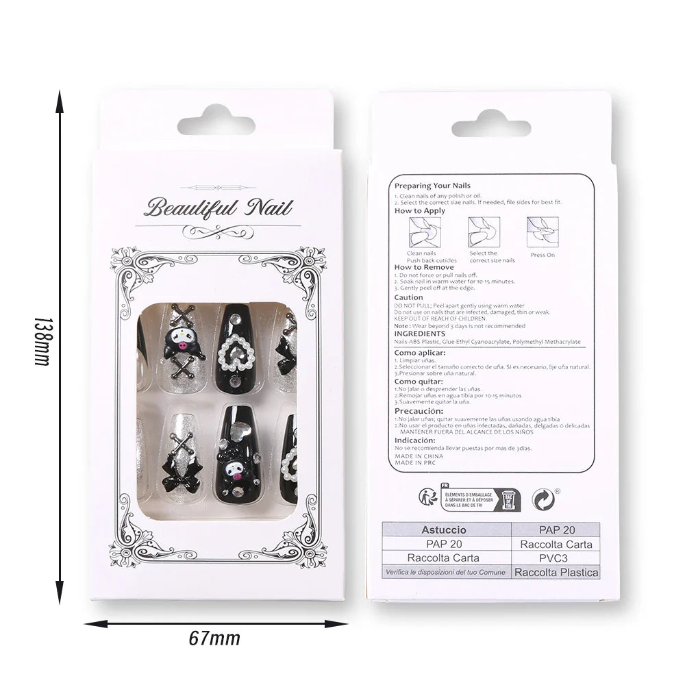 24Pcs 3D kuromi press on nails Y2K Cartoon Handmade Fake Nails Black Gel nail Wearable Nails Cinnamoroll Melody Anime False Nail