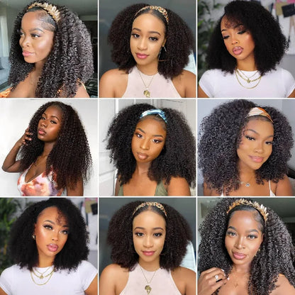 16 Inch 3 IN 1 Half Wig With Drawstring Seamless Human hair Wigs Kinky Curly Headband Wig Upgrade for Women Summer Machine Wigs