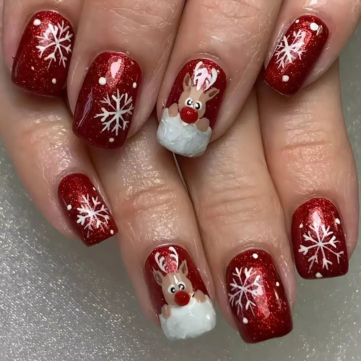24pcs Christmas Red Coffin Press on Nails Winter Snowflake Deer Print False Nails Wearable Detachable European Fake Nail Tips