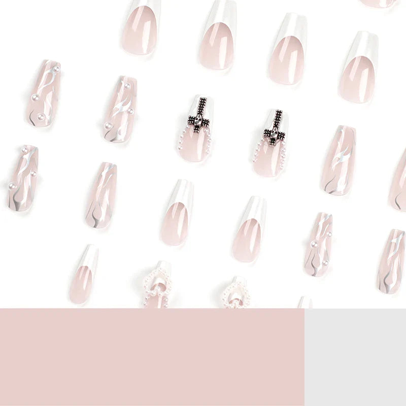24Pcs Pearl heart Press on Nails Cross French Long Style Fake Nail for Women&Girl Removable Wearable Nail Art