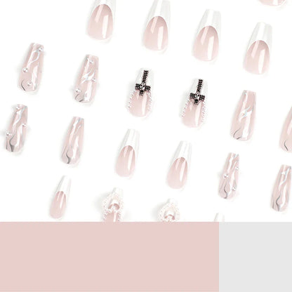 24Pcs Pearl heart Press on Nails Cross French Long Style Fake Nail for Women&Girl Removable Wearable Nail Art