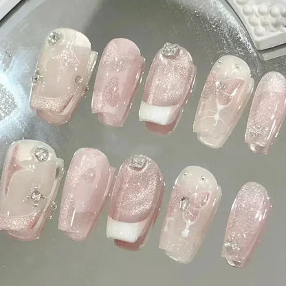 24pcs Red Rose Fake Nails Long Flower Ballet Press on Nails Design French False Nail Full Cover Wearable Fake Nail Tips Art