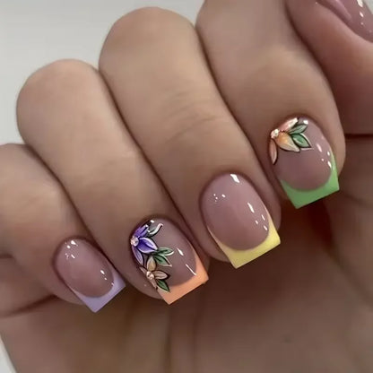 24PCS Shiny Pearl Wearable False Nails Short Square Fake Nail Simple Press on Nails Detachable Full Cover Nail Tips With Glue