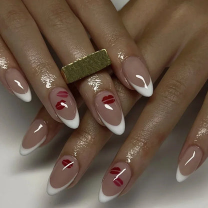 Silver Glitter Powder White Simple Red Lips Gold Almond Fake Nails Art False Nails Charms Tip Punk Press on Nails Manicure Tools