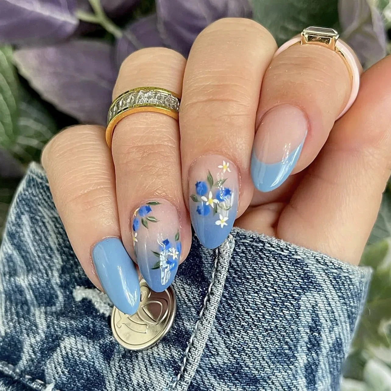 24pcs Cute Colorful False Nail Tips for Girl Rainbow Cloud Star Printed Almond Fake Nails Full Cover Reusable Adhesive Fake Nail