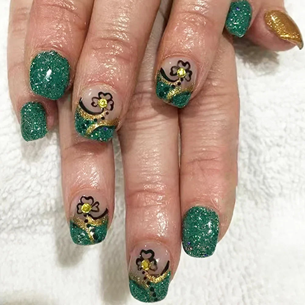 24pcs Short Square Press on Nails Jade Flower Sparkling Powder Designs Fake Nails with Glue Green Gradient Full Cover Nail Tips