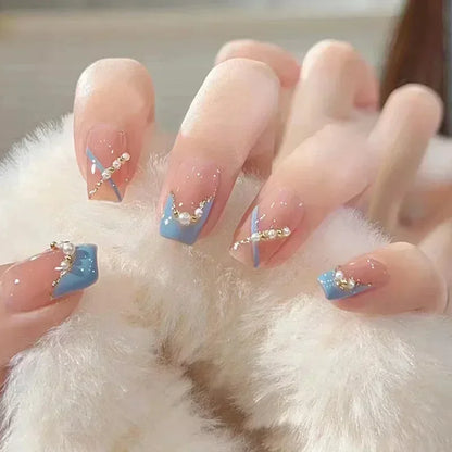 24Pcs Short Ballerina False Nail Tips with Pearl Detachable French Fake Nails Pink Cute Full Cover Press on Nails Manicure Tools