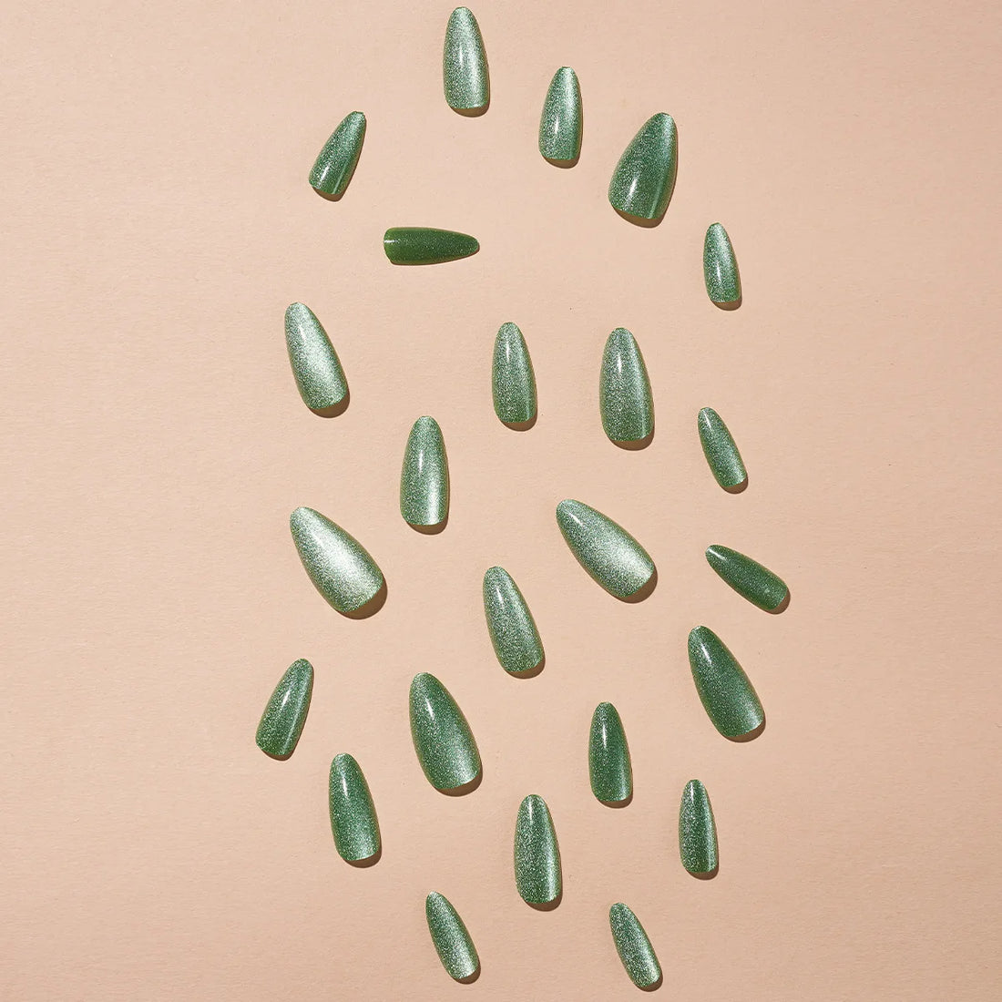 24pcs/box Long Almond Green Cat's Eye False Nails Glitter Aurora Artificial Fake Nails Press On Round Nail Tips Fashion Nail Art