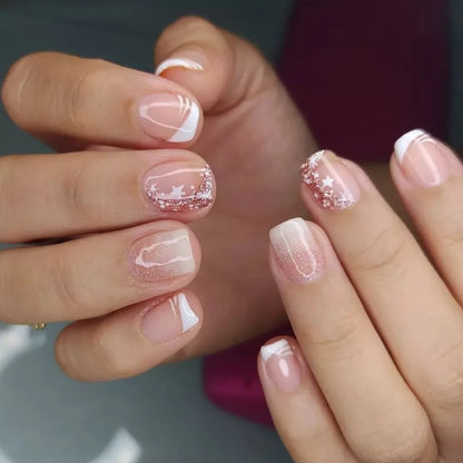 24Pcs Medium Short Square False Nails Glittering Nail Art White Wearable Fake Nail Silver French Full Cover Press on Nail Tips