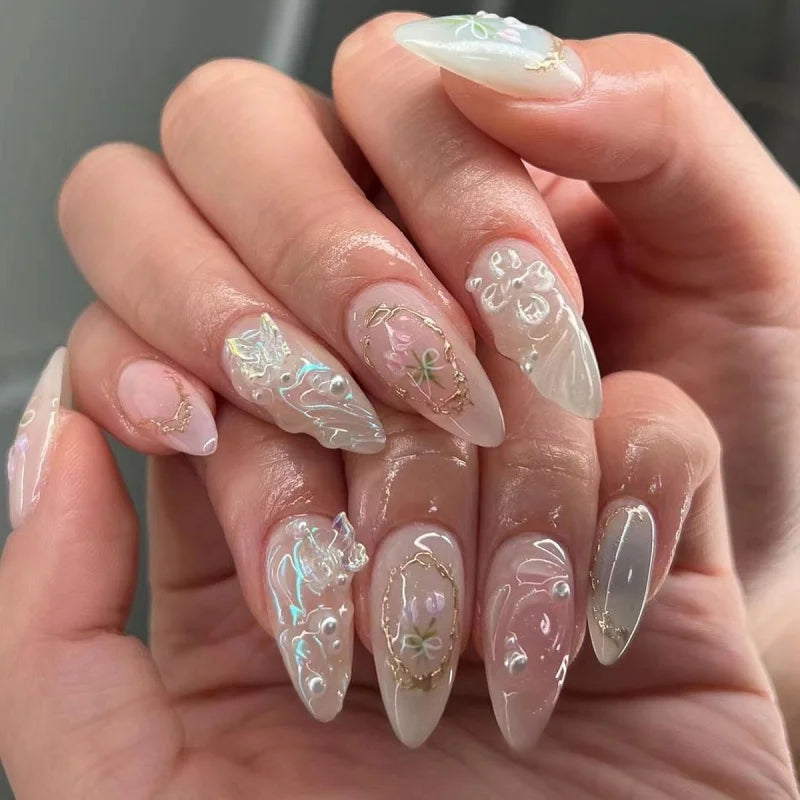 24pcs Almond False Nails Tips Summer Beach Colorful Nails Sets with Pearl Flower Design Press on Nails Art Wearable Fake Nail