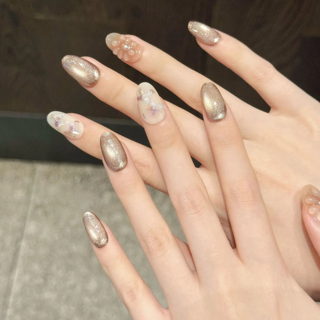 10 PCS Luxury Handmade Press on Nails Short Oval Temperament cat's eye Design with 3-PIECE Tool Adhesive Nail Glue Tabs