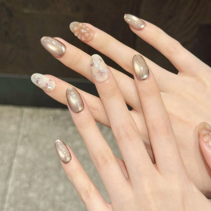 10 PCS Luxury Handmade Press on Nails Short Oval Temperament cat's eye Design with 3-PIECE Tool Adhesive Nail Glue Tabs