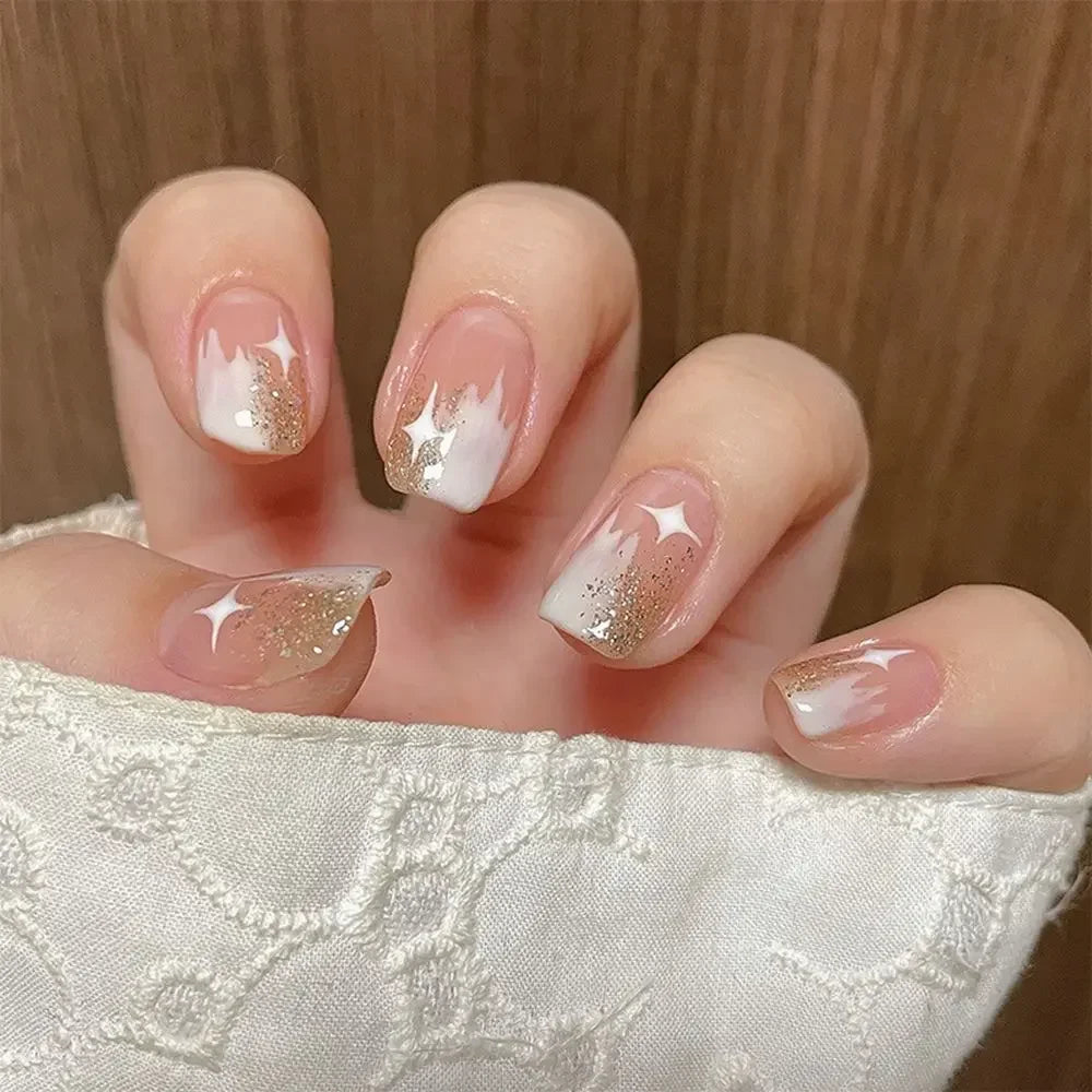 24PCS Shiny Pearl Wearable False Nails Short Square Fake Nail Simple Press on Nails Detachable Full Cover Nail Tips With Glue