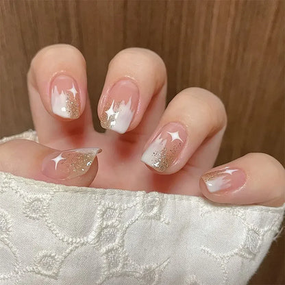 24PCS Shiny Pearl Wearable False Nails Short Square Fake Nail Simple Press on Nails Detachable Full Cover Nail Tips With Glue