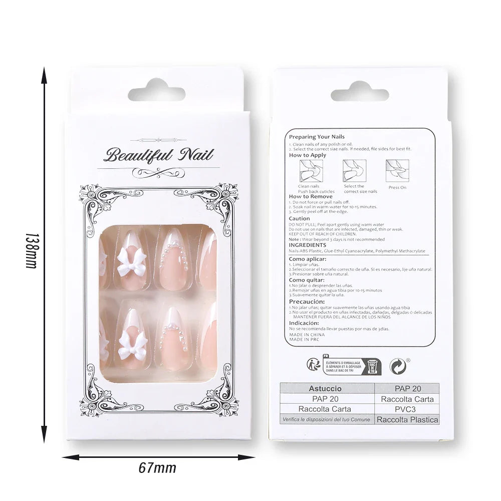 24Pcs Bow Pearl Press on Fake Nails Nude Pink Almond French Stick on False Nail Korean Sweet Girls Wearable Press on Nail + TOOL