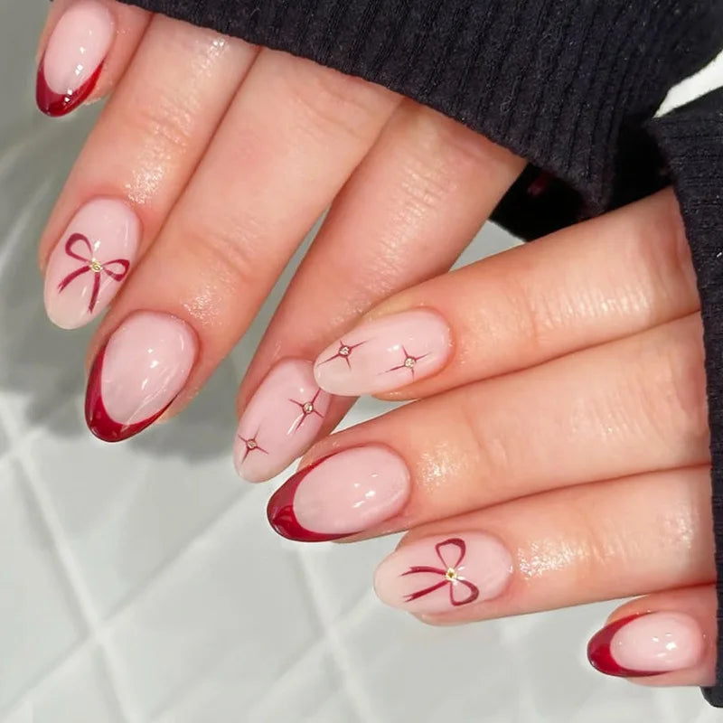 24pcs Short Almond Pink French False Nails Star Design Press on Nails Fake Nails DIY Manicure Detachable Stick-on Nail Tips