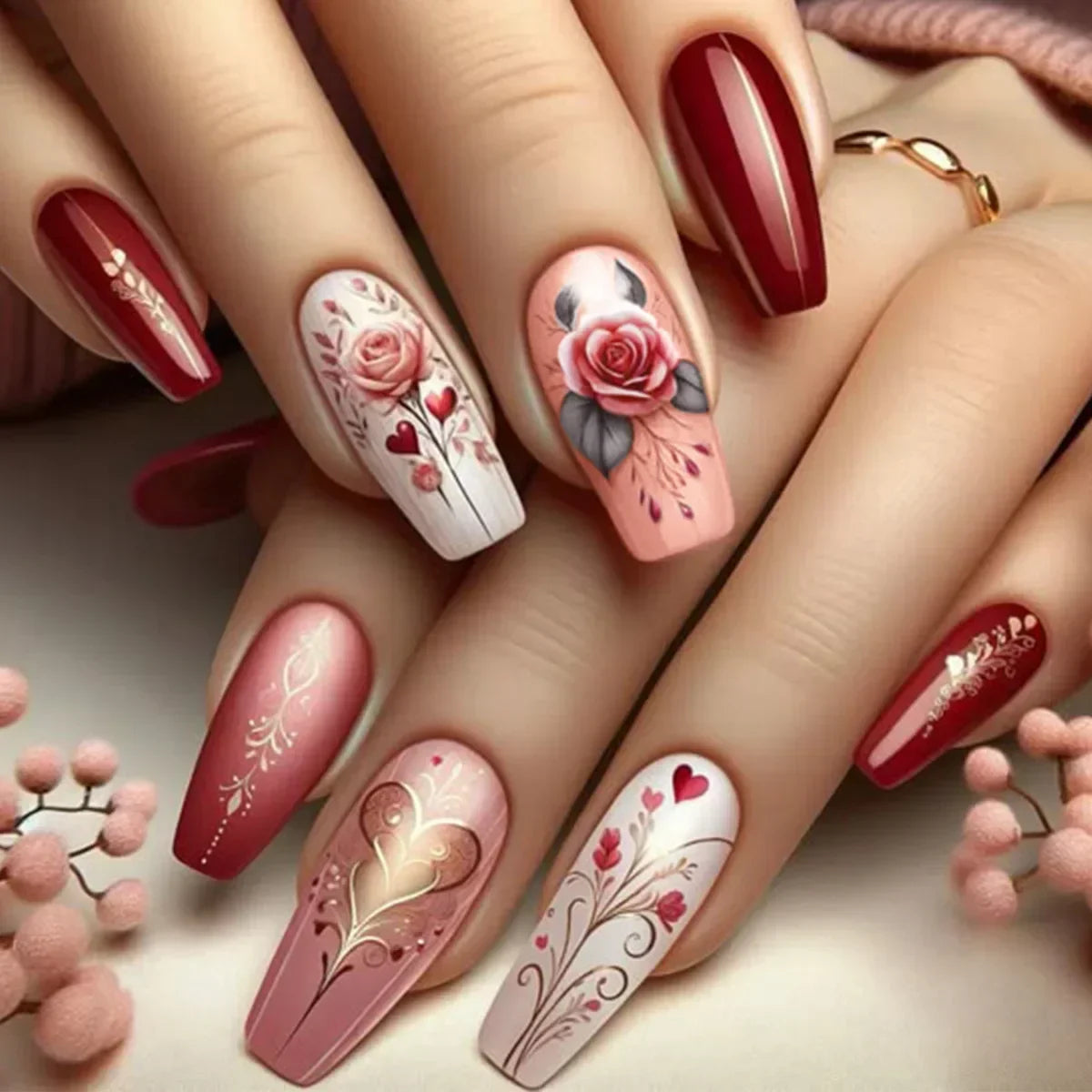 24Pcs Ladder-shaped Ballet False Nails with Glue Stripe Floral Nail Art Ombre French Press on Acrylic Nail Tips for Spice Girls