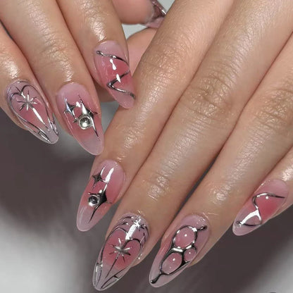 24Pcs Stiletto Press on Nails Glitter Almond False Nails French Tip Fake Nails with Glue Detachable Full Cover Acrylic Nail Tips