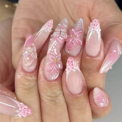 Pink Magic Mirror French 3D Flowers Nail Art Fashion Almond Wearable False Nails Detachable Finished Fake Nails Press on Nails