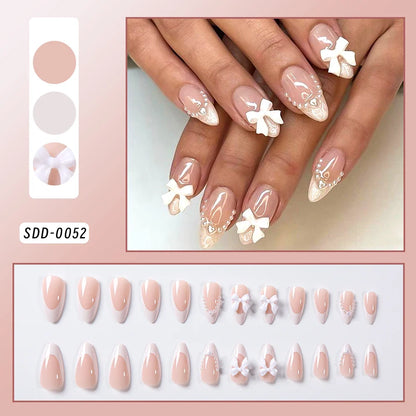 24Pcs Bow Pearl Press on Fake Nails Nude Pink Almond French Stick on False Nail Korean Sweet Girls Wearable Press on Nail + TOOL
