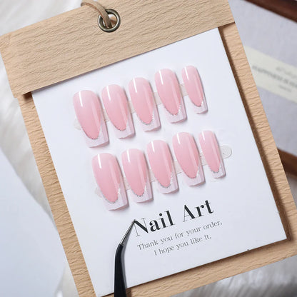 24Pcs Short Square Coffin False Nails French Glitter Wearable Fake Nails Acrylic Full Cover Women Ballet Press on Nails Tips