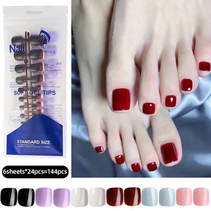 120pcs/Box French Tip Press-On Toenails Pink Color System Square Shape Foot Nails Short Length Glossy Finish False Toe Nails Set