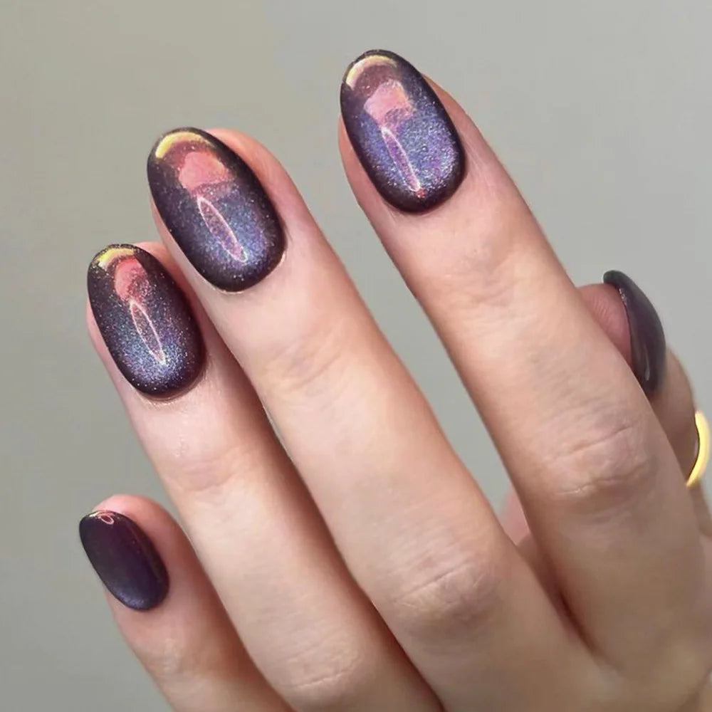 24pcs Crystal Cat Eye False Nails with Glue Short Square Press on Nails Shiny Red Jewel Nail Solid Color Fake Nails Minimalis